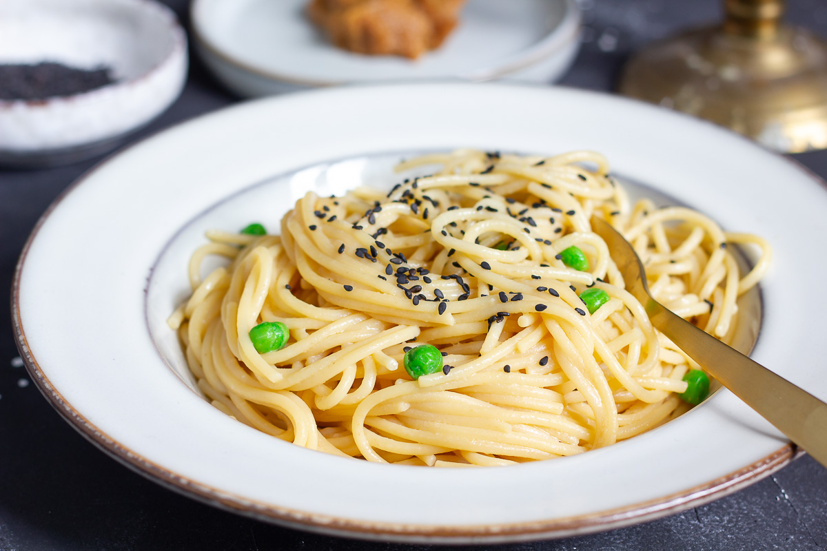 Vegan Miso Pasta with Peas - Cheap And Cheerful Cooking