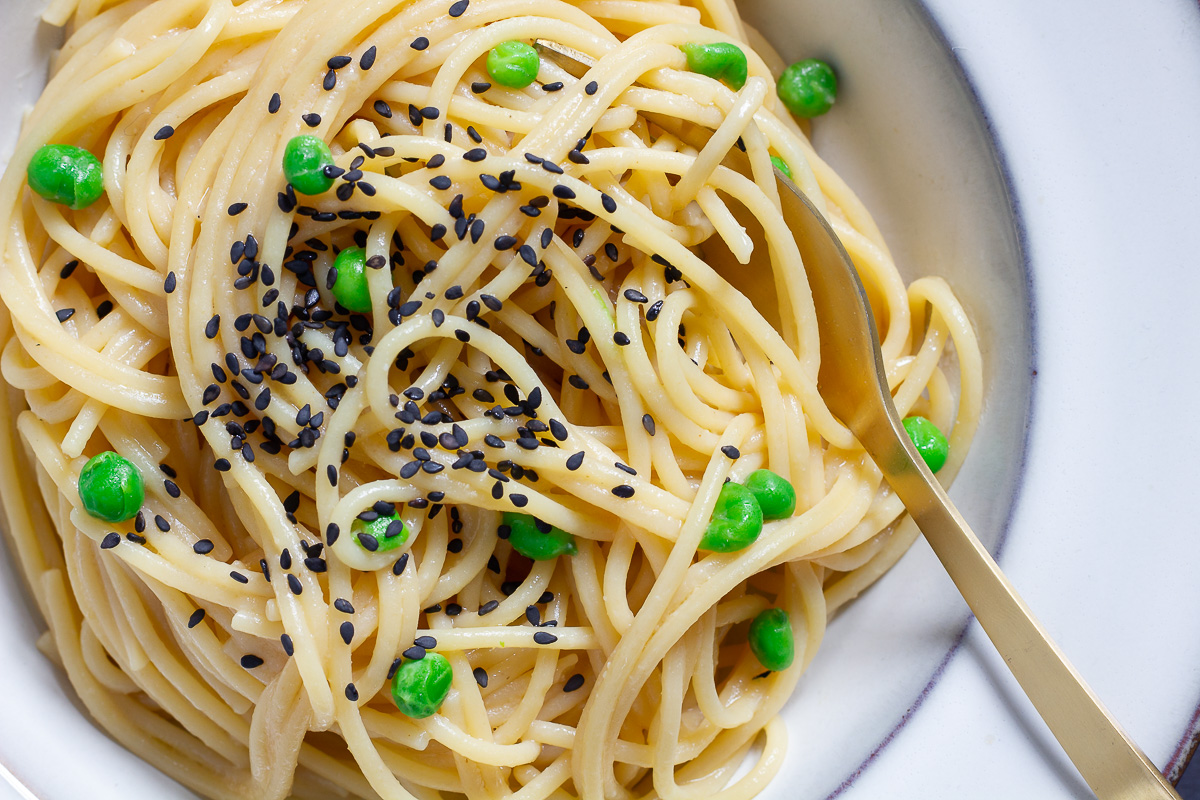 Vegan Miso Pasta with Peas - Cheap And Cheerful Cooking