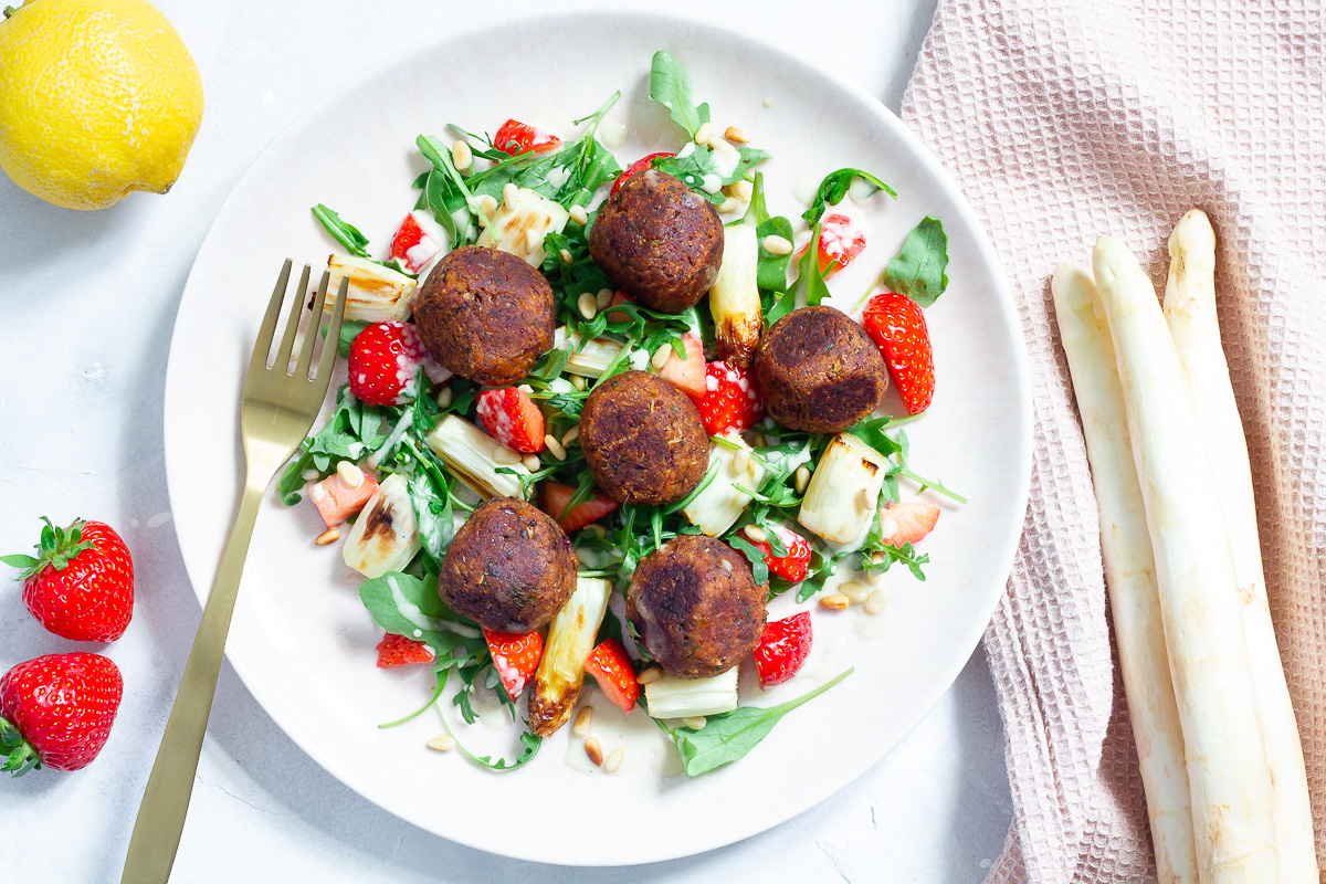 Vegan Kofta on Asparagus Strawberry Salad