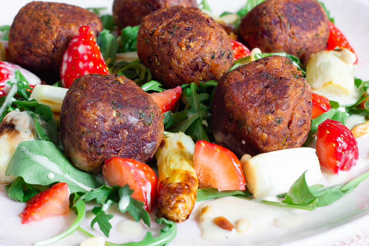 Vegan Kofta on Asparagus Strawberry Salad