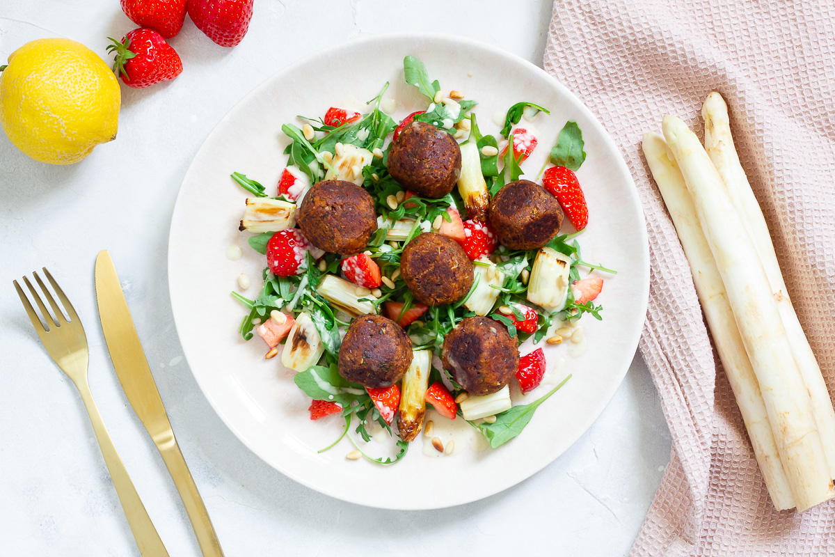 Vegan Kofta on Asparagus Strawberry Salad