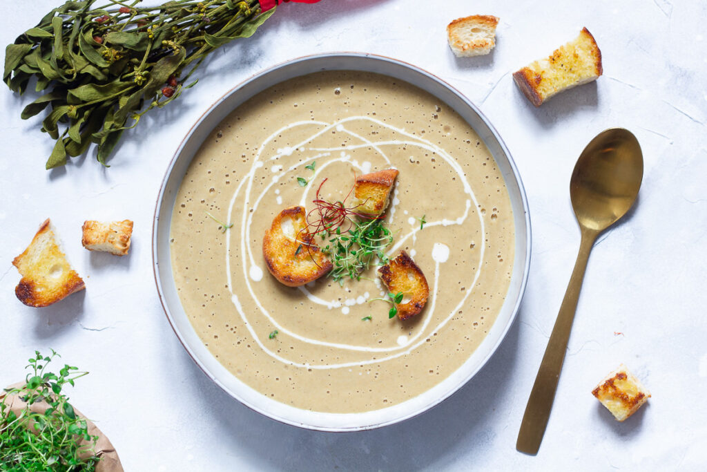 Vegan Porcini Mushroom Soup with Thyme Croutons Cheap And Cheerful