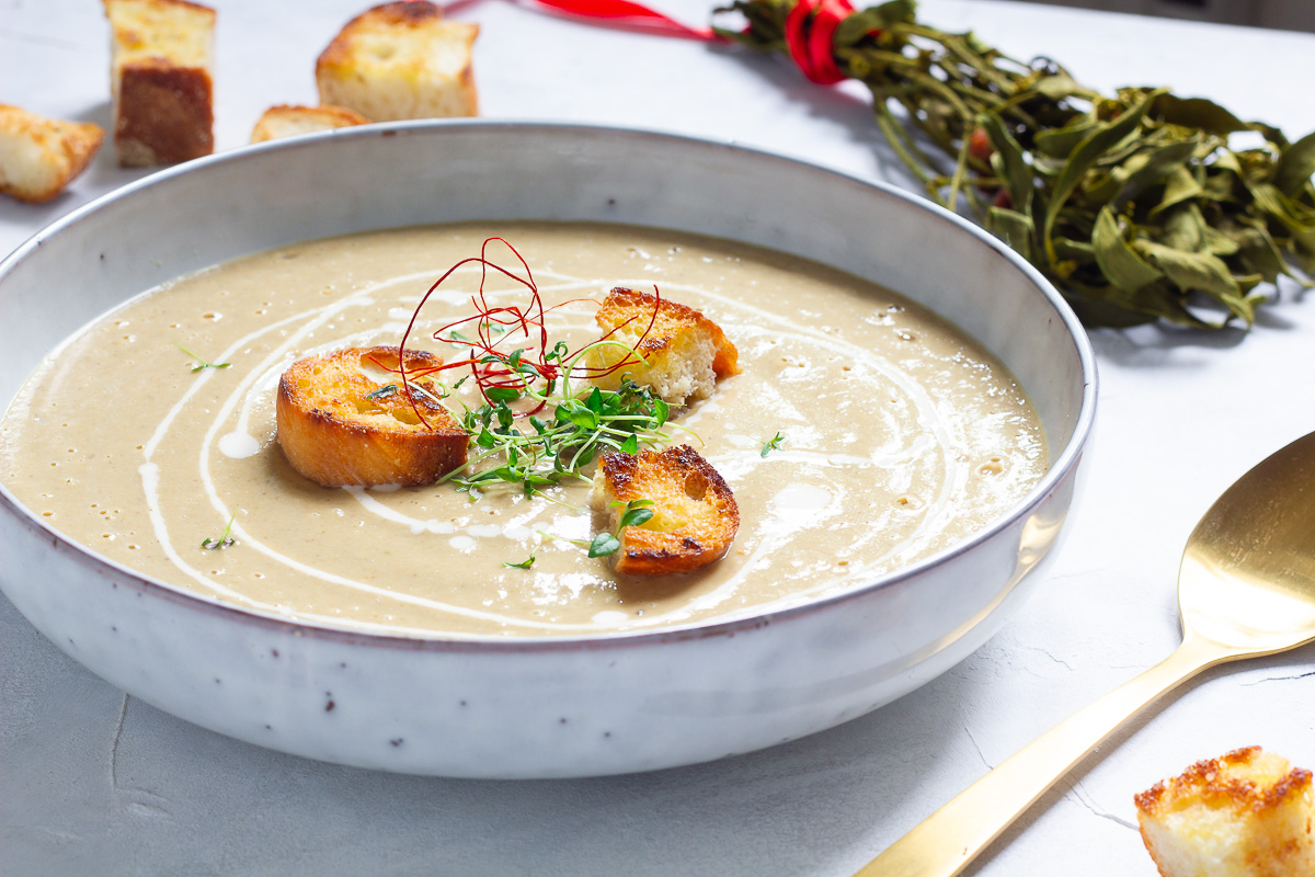 Vegan Porcini Mushroom Soup with Thyme Croutons