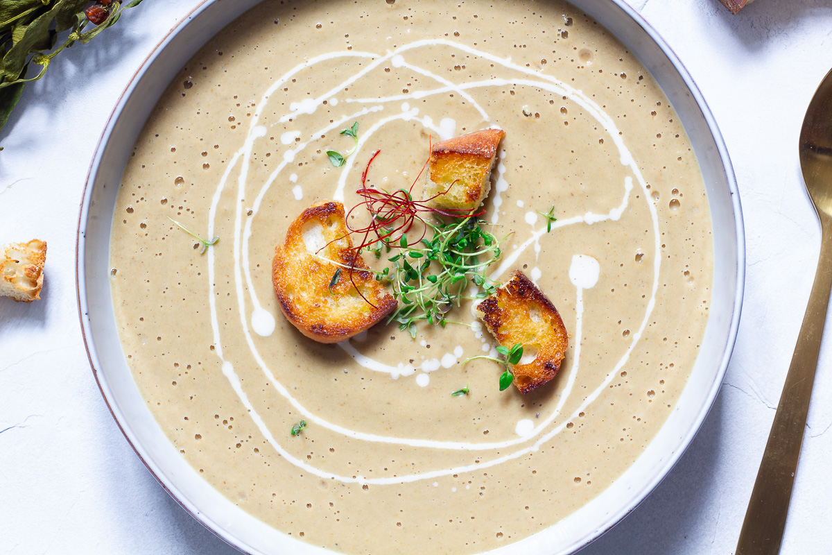 Vegan Porcini Mushroom Soup with Thyme Croutons