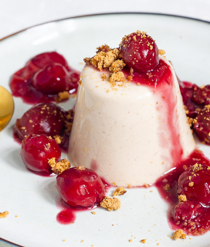 Vegan Gingerbread Panna Cotta with Mulled Wine Cherries