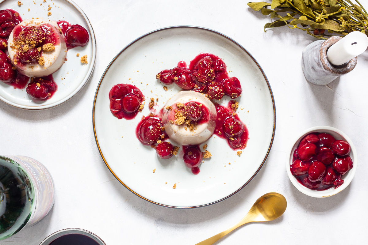 Vegan Gingerbread Panna Cotta with Mulled Wine Cherries