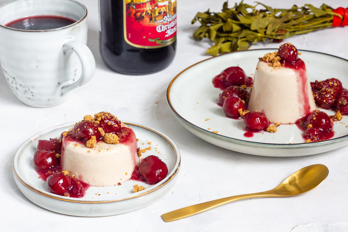 Vegan Gingerbread Panna Cotta with Mulled Wine Cherries