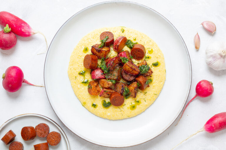 Polenta with Roasted Miso Radishes & Vegan Salsiccia