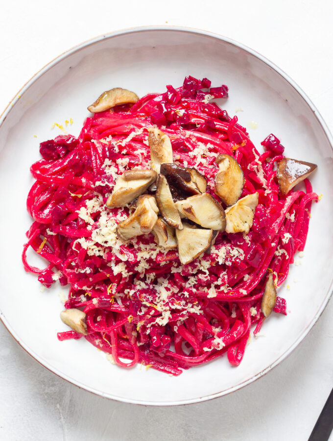 Vegan Pink Pasta with Shiitake Mushrooms