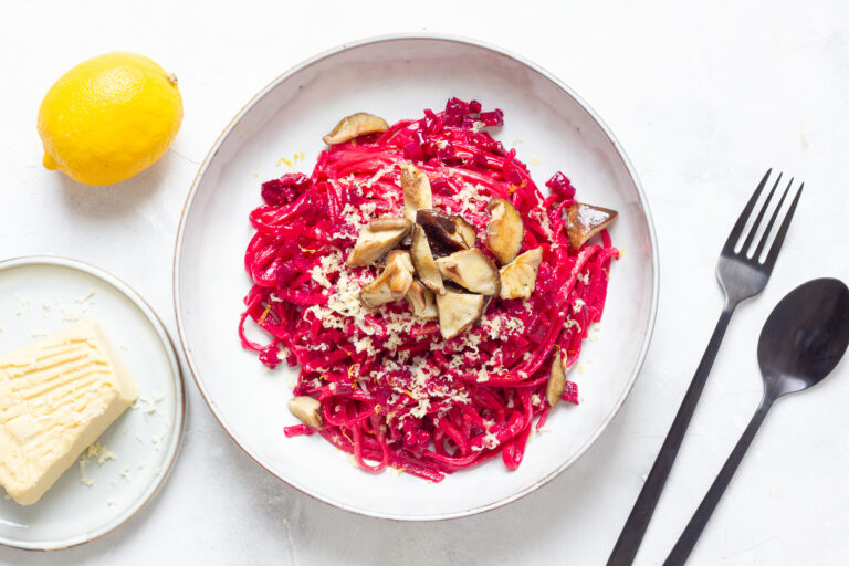 Vegan Pink Pasta with Shiitake Mushrooms