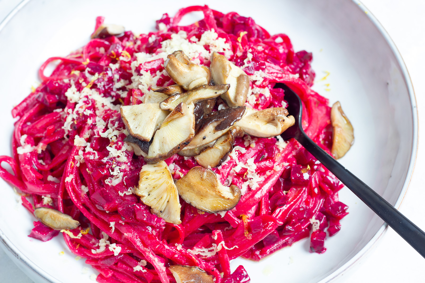 Vegan Pink Pasta with Shiitake Mushrooms