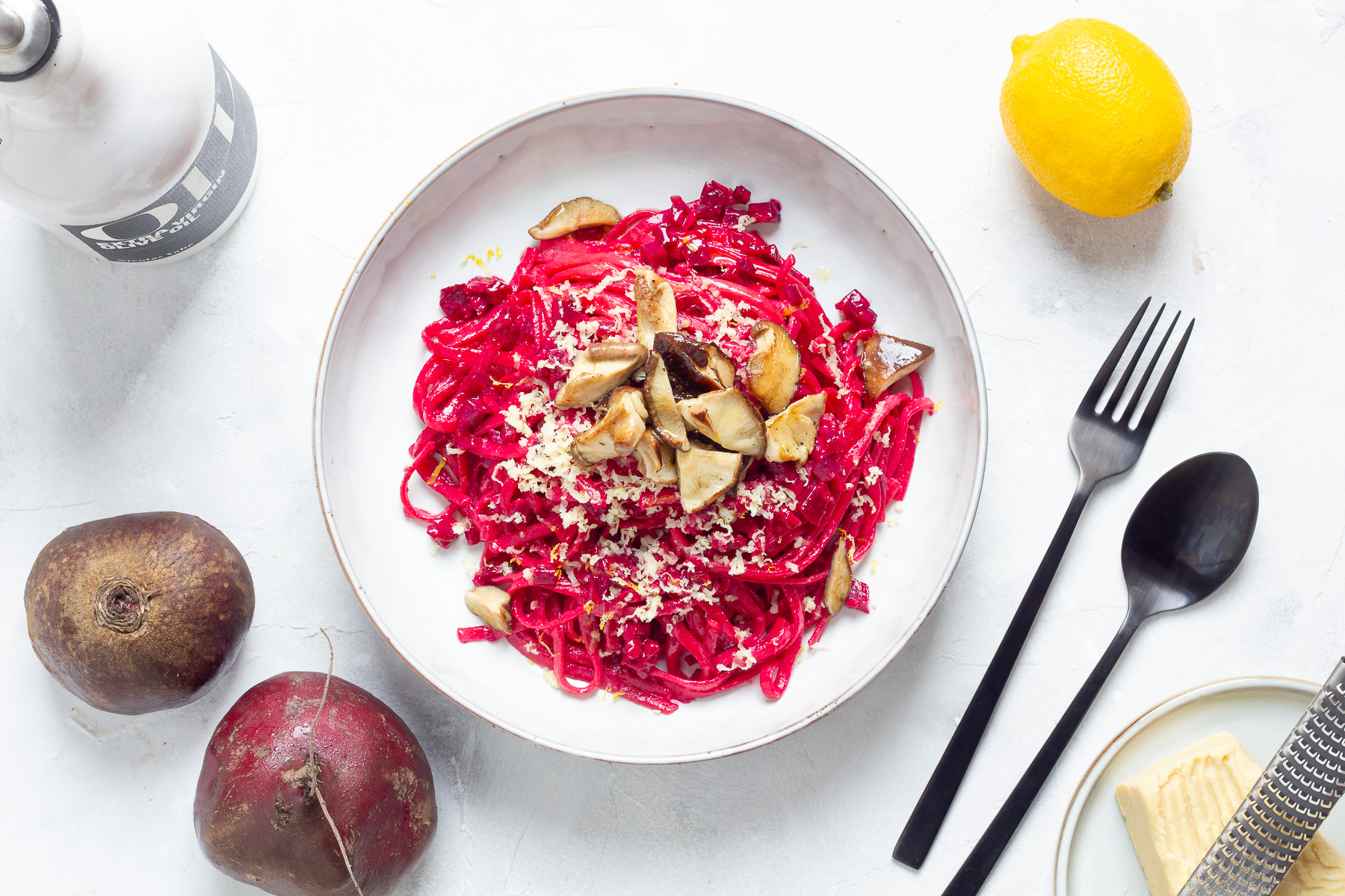 Vegan Pink Pasta with Shiitake Mushrooms