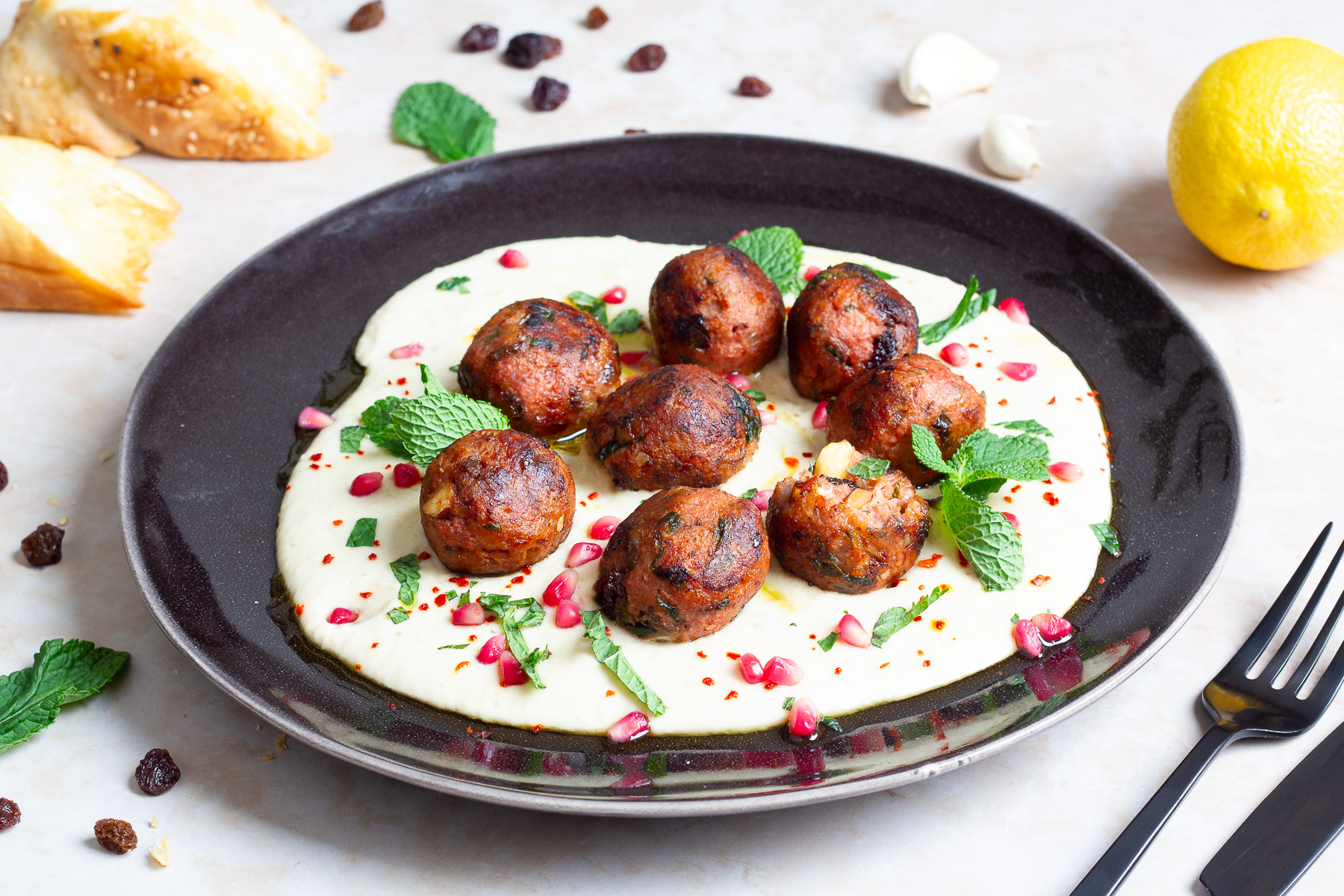 Vegan Oriental Meatballs on White Bean Hummus