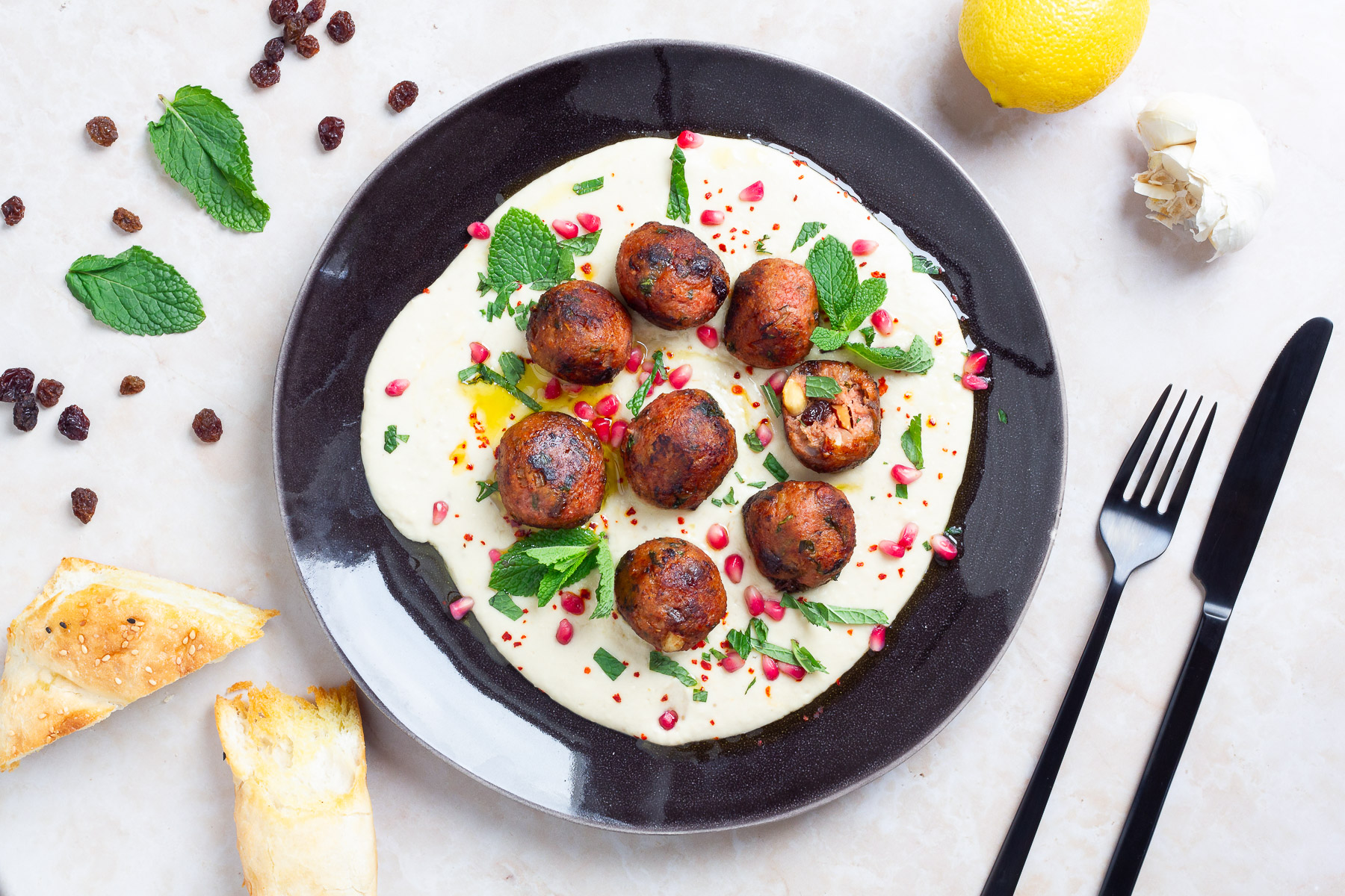 Vegan Oriental Meatballs on White Bean Hummus