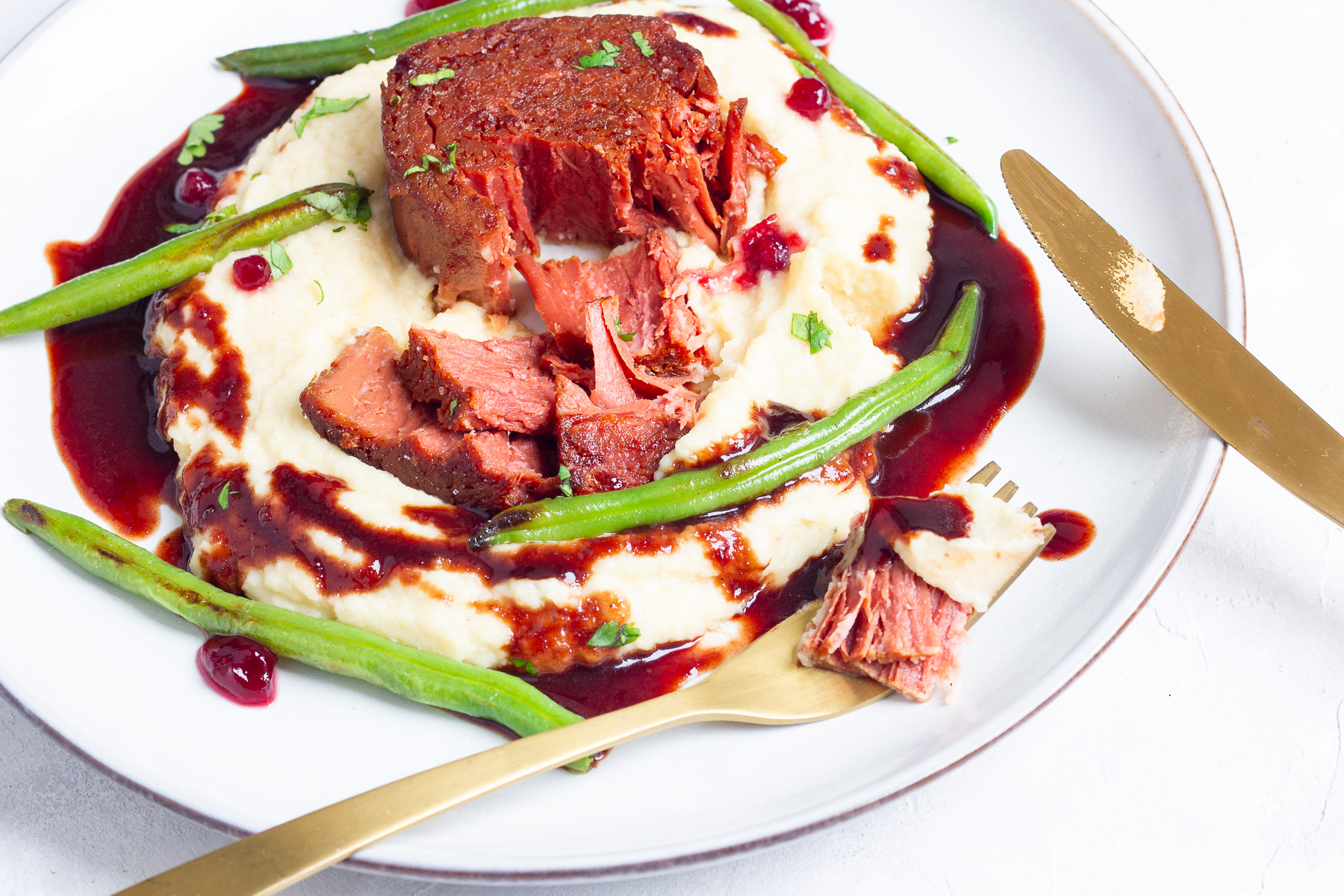 Vegan Steak on Miso Celeriac Puree with Red Wine Sauce